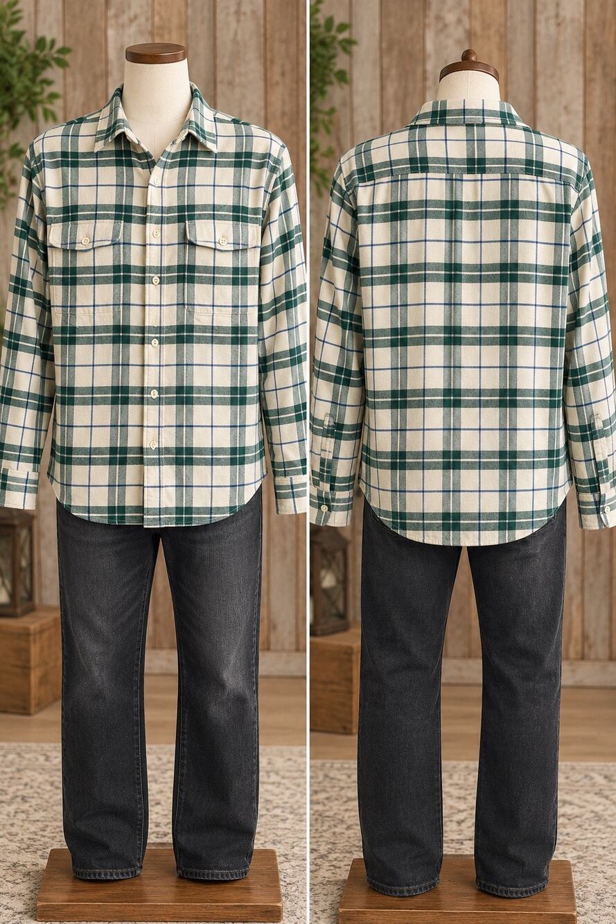 American Eagle Mens Large Plaid Flannel Shirt Green Blue Cream Button Up
